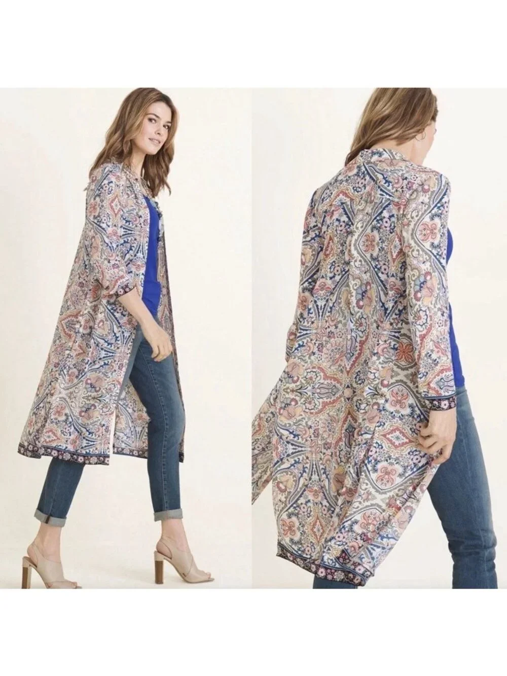 Chico's Paisley Floral Print Tunic Long Sleeve Button Front Shirt Blouse Duster - Picture 13 of 13